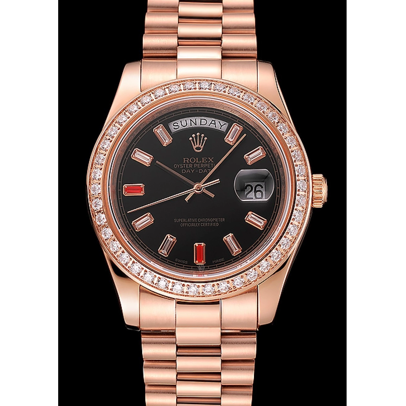 Aaa replica watch Gold And 1454102 Rose Bracelet Swiss Black Rubies Dial Day-Date Diamonds Rolex 0616